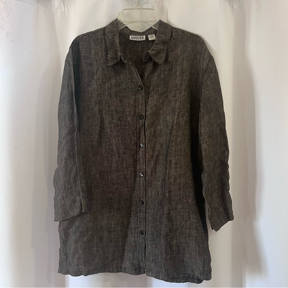 Chico's 100 linenBlack Textured Button-Up Shirt